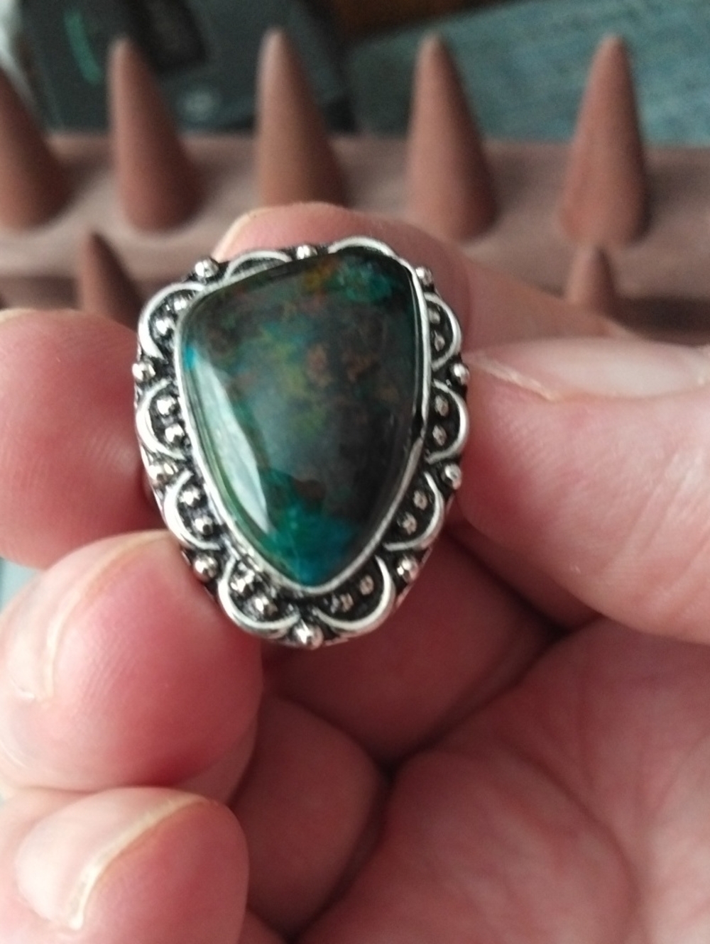 Sterling Silver Teardrop Chrysocolla Ring in Turquoise Green